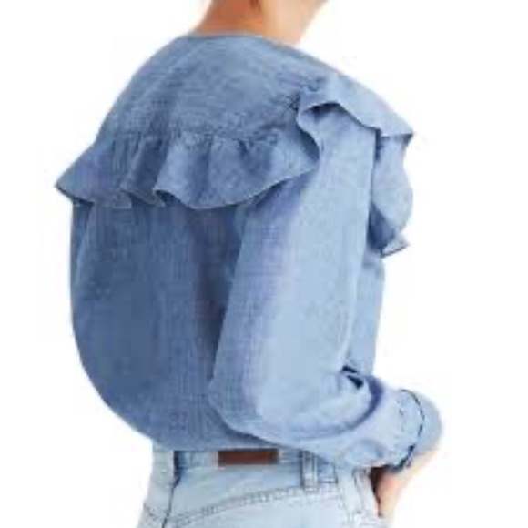 Madewell | Chambray Long Sleeve Ruffled Yoke Bib Cottage Core Prairie Blouse - Picture 2 of 15